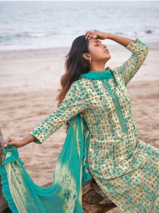 Lawn Cotton Embroidered Suit With Printed Bemberg Chiffon Dupatta Available in Cream & Blue