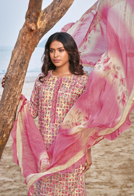 Lawn Cotton Embroidered Suit With Printed Bemberg Chiffon Dupatta Available in Cream & Rose Pink