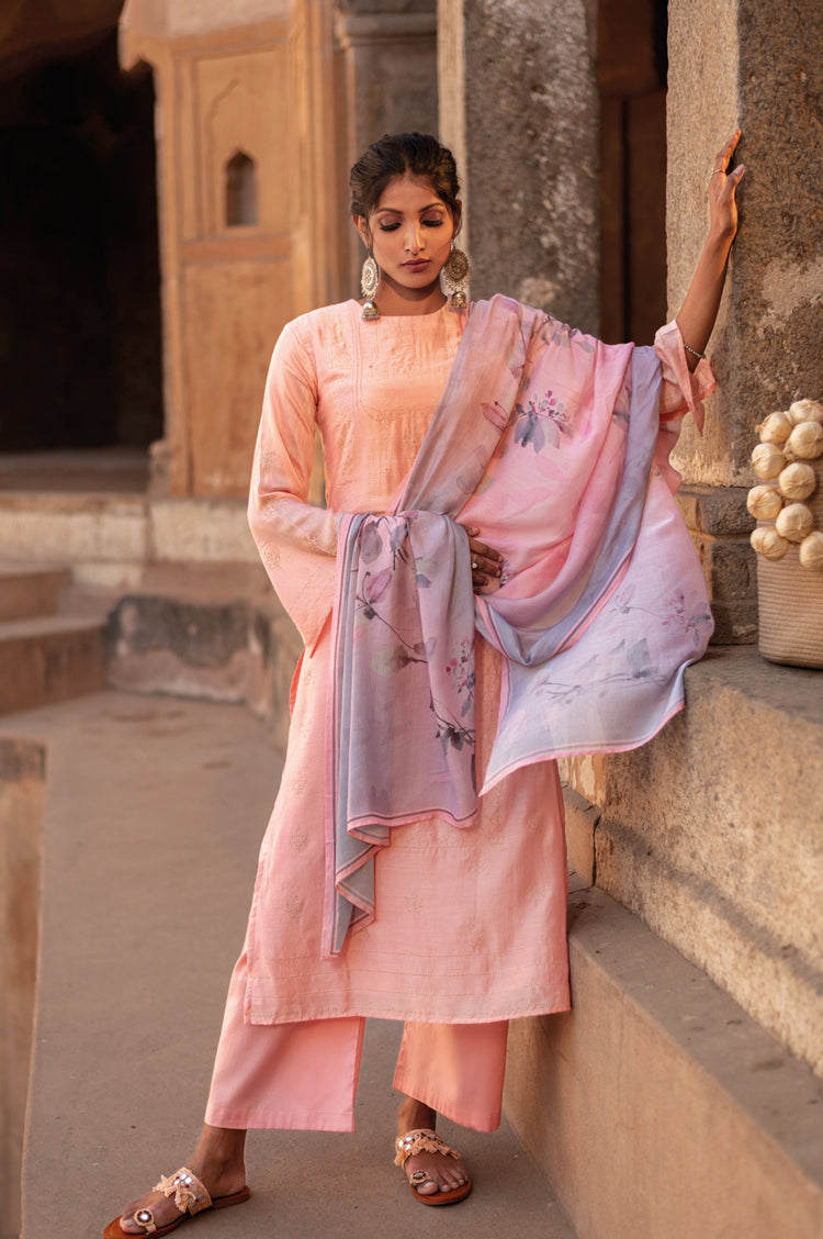 Pure Muslin Printed Suit With Printed Muslin Dupatta Available in Salmon Pink