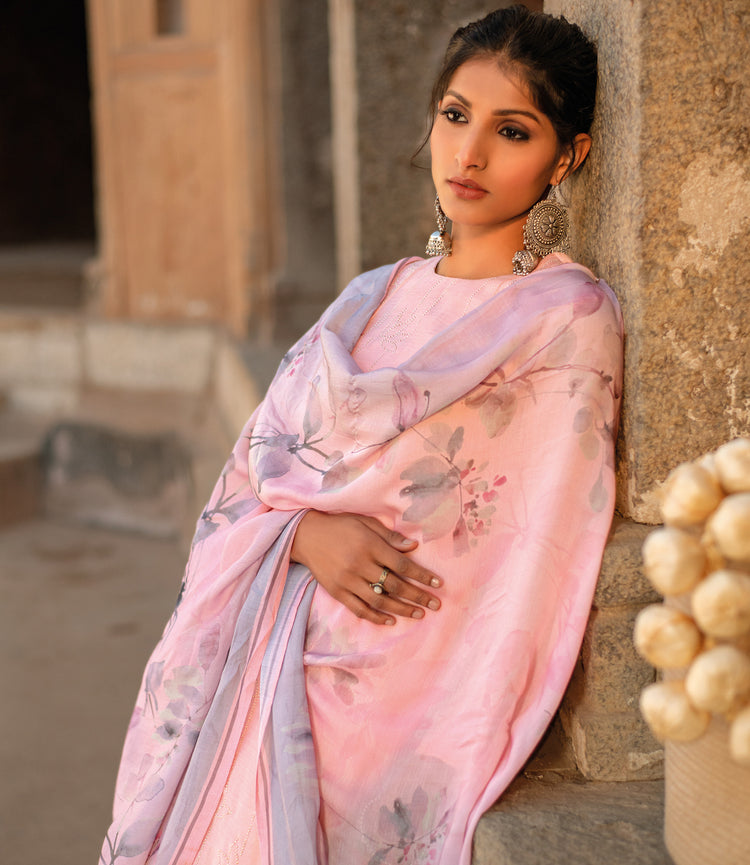 Pure Muslin Printed Suit With Printed Muslin Dupatta Available in Salmon Pink