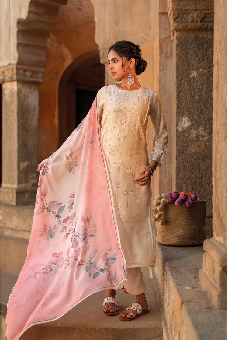 Pure Muslin Printed Suit With Printed Muslin Dupatta Available in Cream