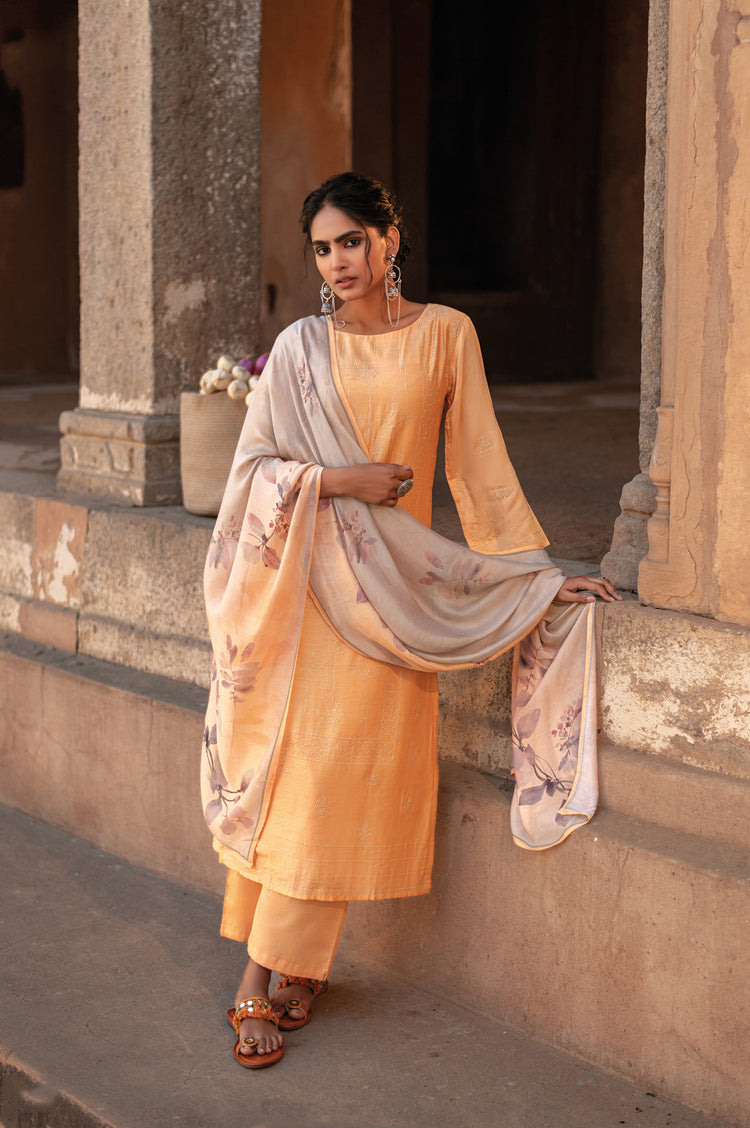 Pure Muslin Printed Suit With Printed Muslin Dupatta Available in Orange Peach