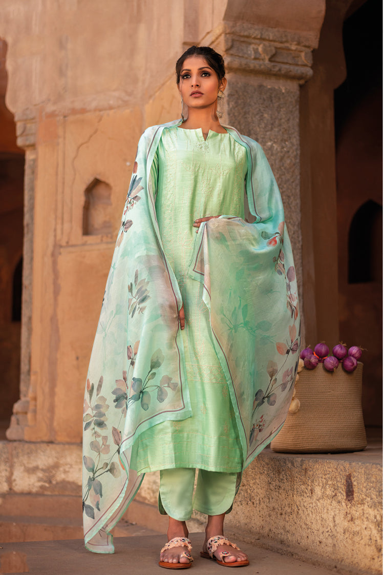 Pure Muslin Printed Suit With Printed Muslin Dupatta Available in Mint Green