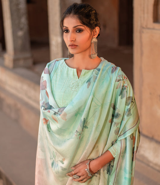 Pure Muslin Printed Suit With Printed Muslin Dupatta Available in Mint Green