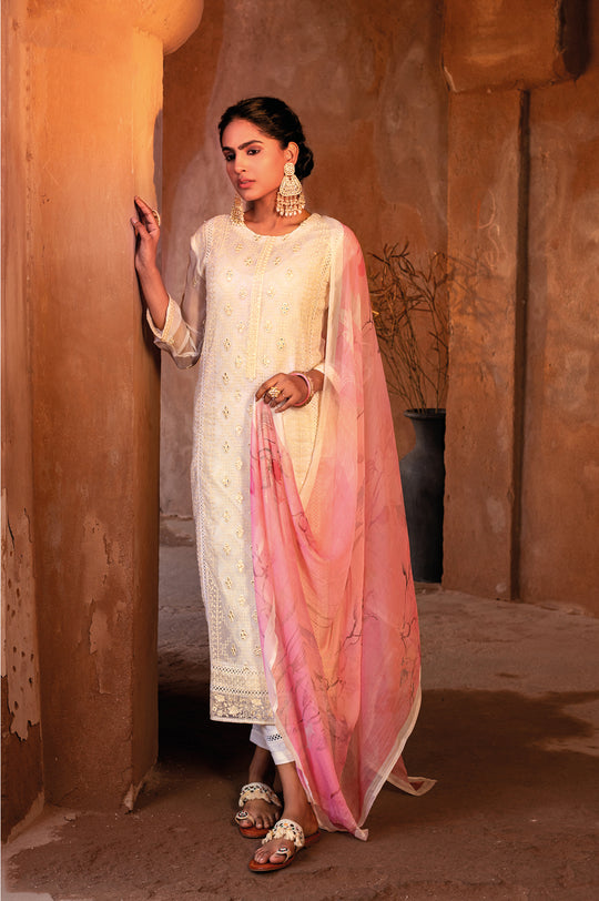 Pure Chiffon Embroidered Suit With Printed Bemberg Chiffon Dupatta available in Cream