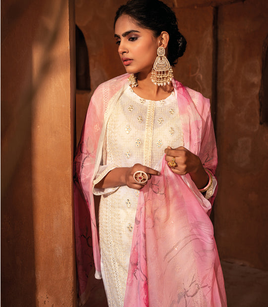 Pure Chiffon Embroidered Suit With Printed Bemberg Chiffon Dupatta available in Cream