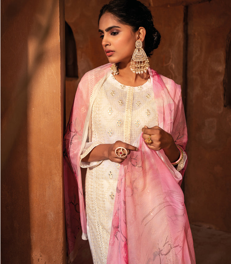 Pure Chiffon Embroidered Suit With Printed Bemberg Chiffon Dupatta available in Cream