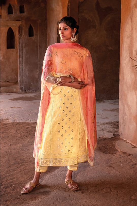 Pure Chiffon Embroidered Suit With Printed Bemberg Chiffon Dupatta available in Lemon Yellow