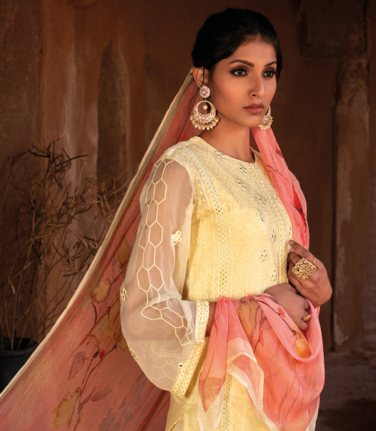 Pure Chiffon Embroidered Suit With Printed Bemberg Chiffon Dupatta available in Lemon Yellow