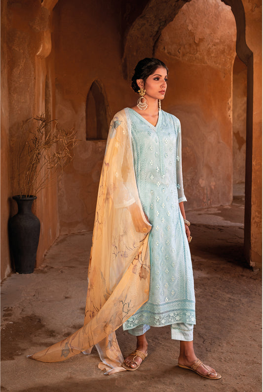 Pure Chiffon Embroidered Suit With Printed Bemberg Chiffon Dupatta available in Light Blue