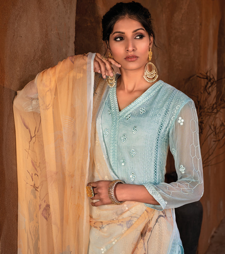 Pure Chiffon Embroidered Suit With Printed Bemberg Chiffon Dupatta available in Light Blue