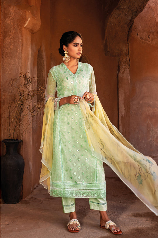 Pure Chiffon Embroidered Suit With Printed Bemberg Chiffon Dupatta available in Tea Green