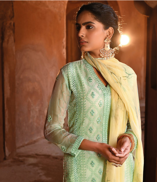 Pure Chiffon Embroidered Suit With Printed Bemberg Chiffon Dupatta available in Tea Green