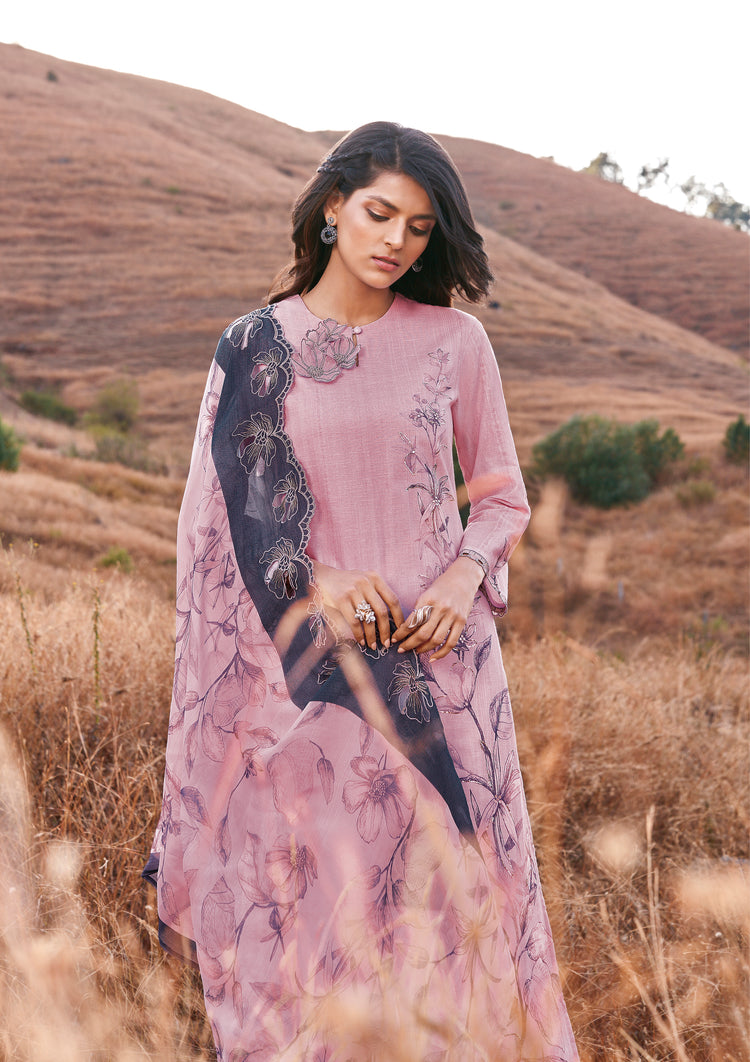 Linen Cotton Printed Suit With Embroidered Organza Dupatta Available in Lemonade Pink