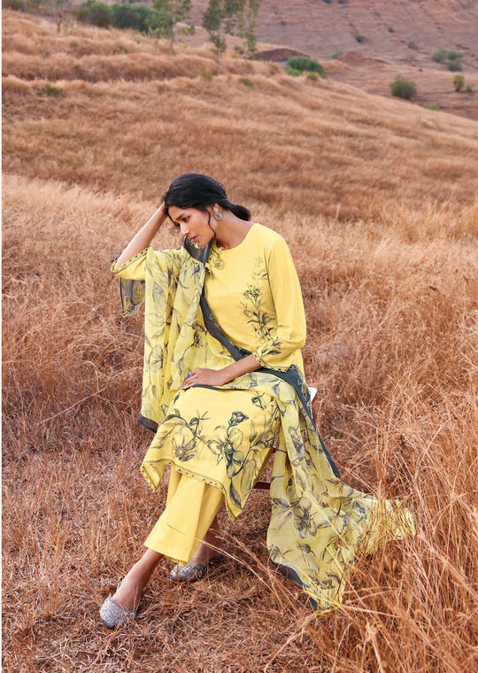 Linen Cotton Printed Suit With Embroidered Organza Dupatta Available in Lemon Yellow