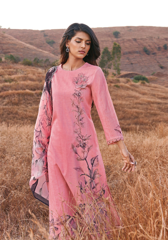 Linen Cotton Printed Suit With Embroidered Organza Dupatta Available in Rose Pink