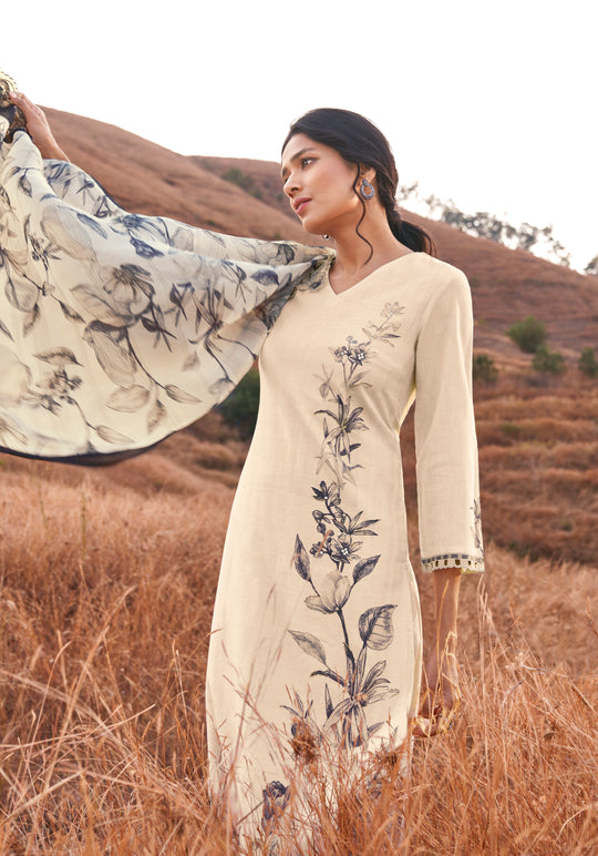 Linen Cotton Printed Suit With Embroidered Organza Dupatta Available in Cream