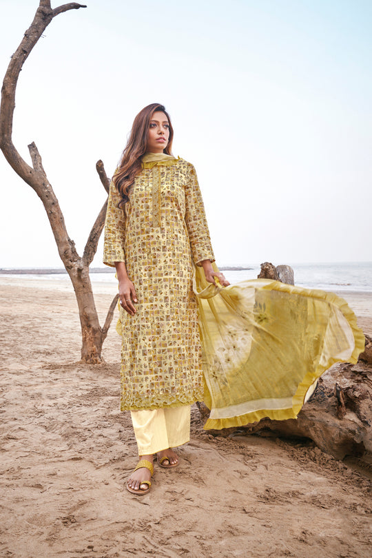 Lawn Cotton Embroidered Suit With Printed Bemberg Chiffon Dupatta Available in Cream & Pink