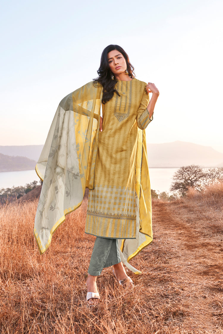 Linen Cotton Embroidered Suit With Printed Organza Dupatta Available in Yellow