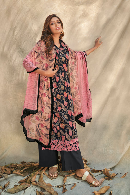 Lawn Cotton Embroidered Suit With Printed Bemberg Chiffon Dupatta Available in Black