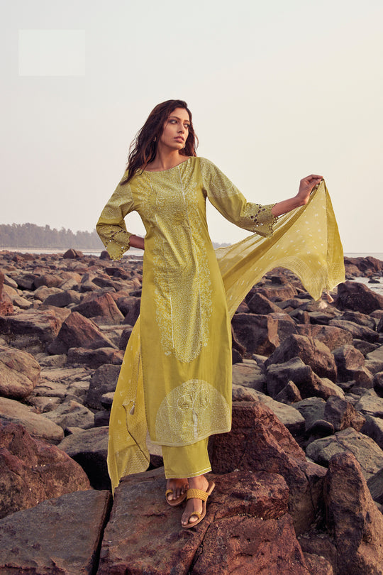 Lawn Cotton Printed Suit With Printed Bemberg Chiffon Dupatta Available in Munsell Yellow