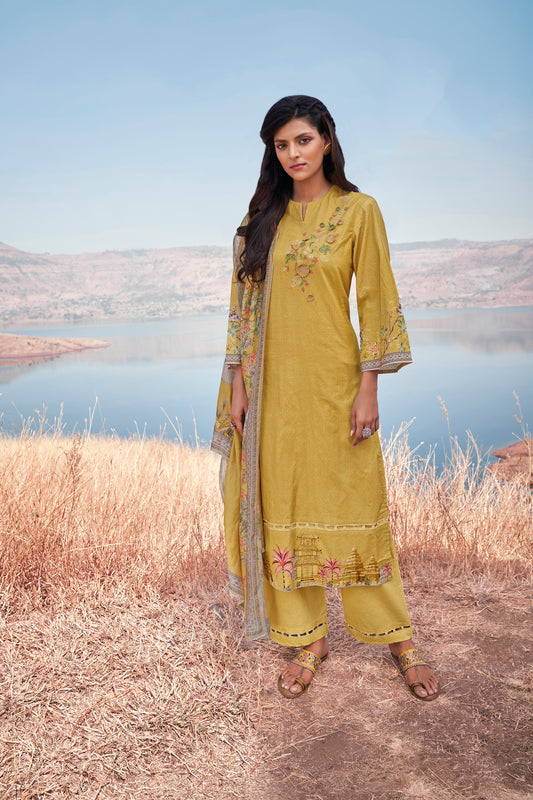 Lawn Cotton Embroidered Suit With Printed Muslin Dupatta Available in Munsell Yellow