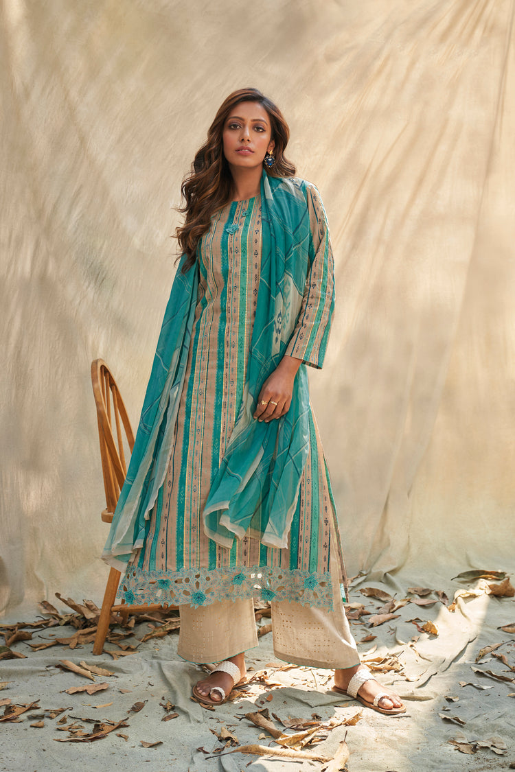 Lawn Cotton Embroidered Suit With Printed Bemberg Chiffon Dupatta Available in Beige & Blue