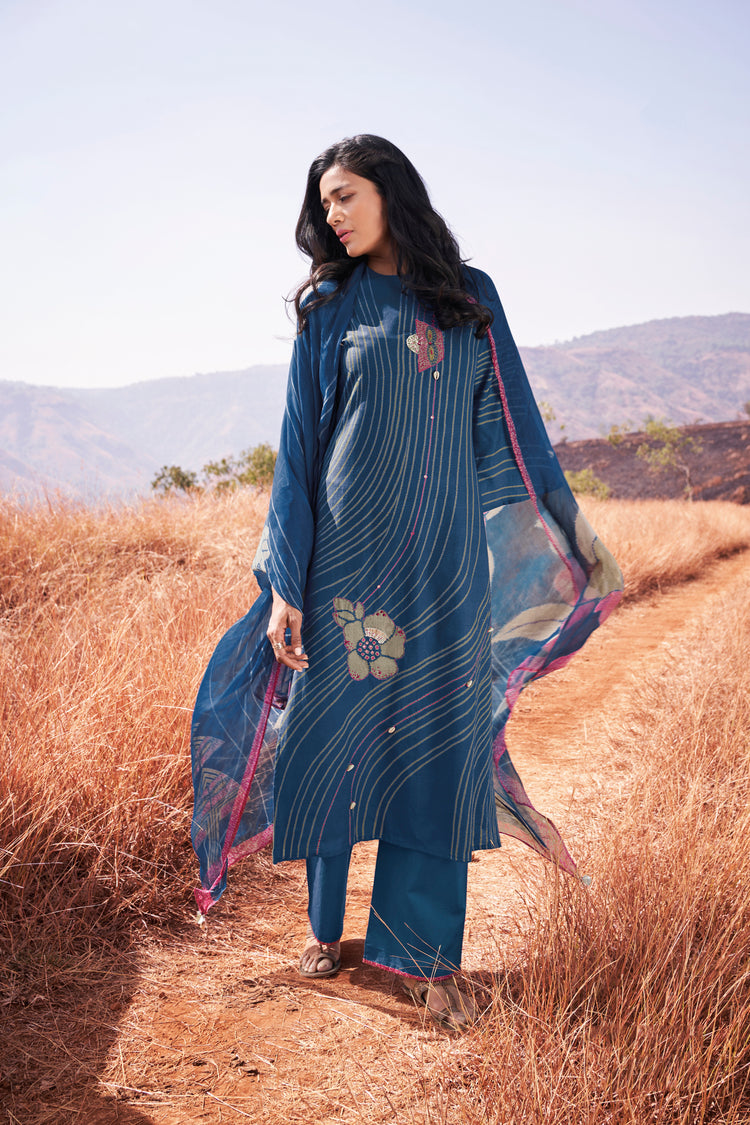 Lawn Cotton Printed Suit With Printed Bemberg Chiffon Dupatta Available in Aegean Blue