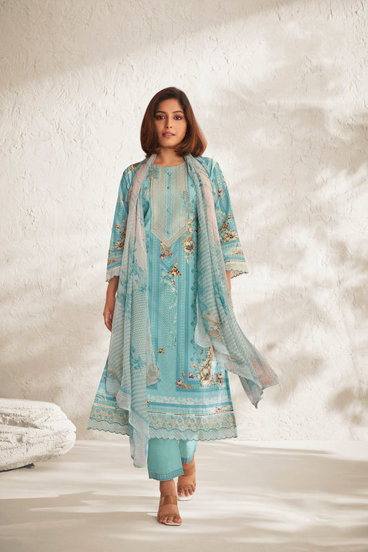 Lawn Cotton Embroidered Suit With Printed Muslin Silk Dupatta Available in Sky Blue