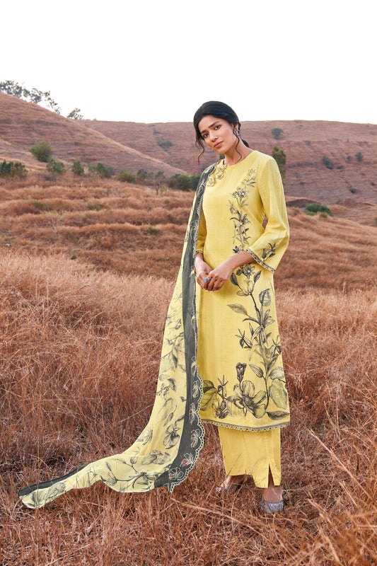 Linen Cotton Printed Suit With Embroidered Organza Dupatta Available in Lemon Yellow