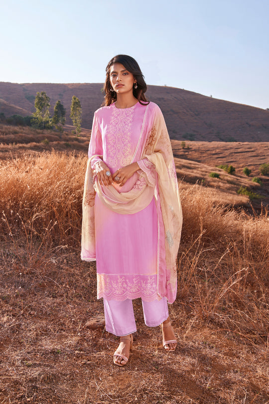 Organza Print With Embroidery Suit With Printed Bemberg Chiffon Dupatta Available in Fuscia Pink