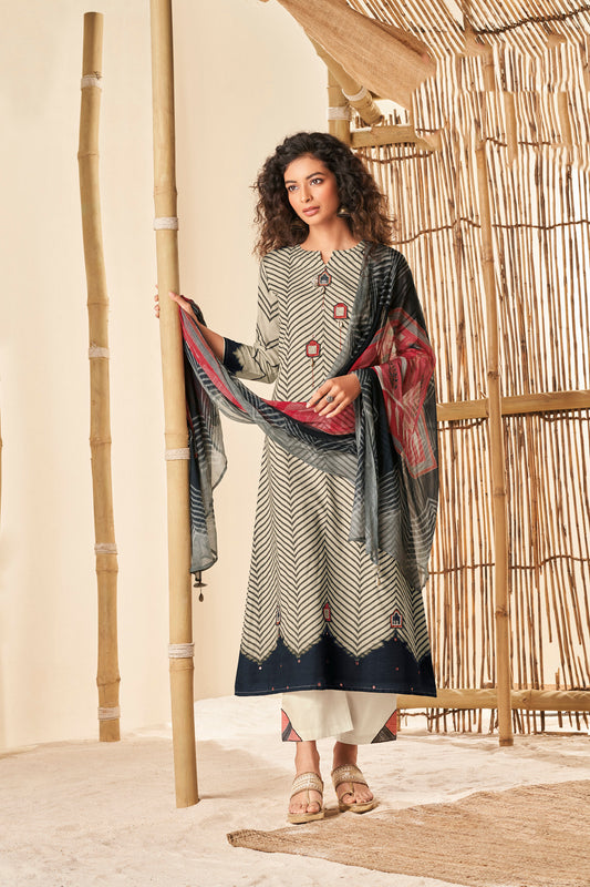 Linen Cotton Print With Handwork Suit With Printed Bemberg Chiffon Dupatta Available in Linen Cream