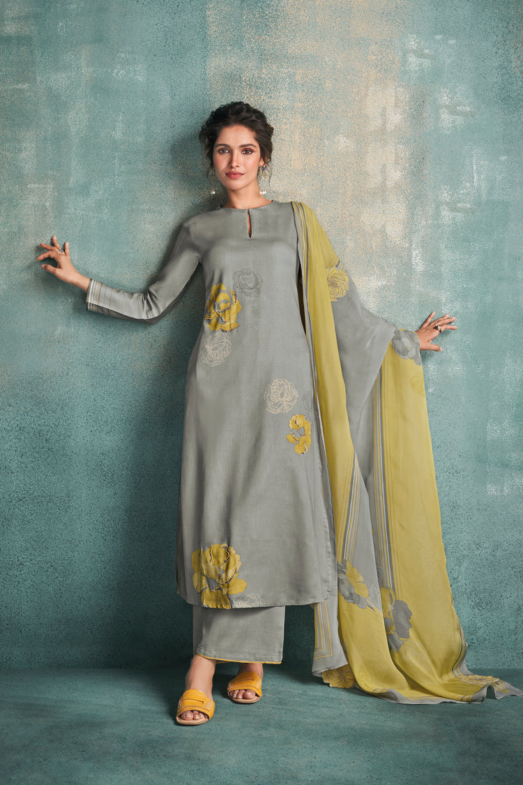 Cotton Satin Printed Suit With Printed Organza Dupatta Available in Grey