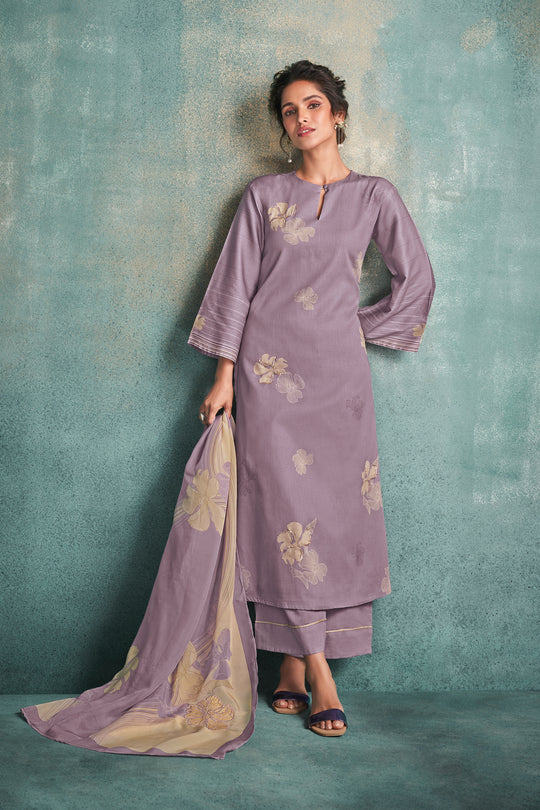 Cotton Satin Printed Suit With Printed Organza Dupatta Available in Priwinkle Purple