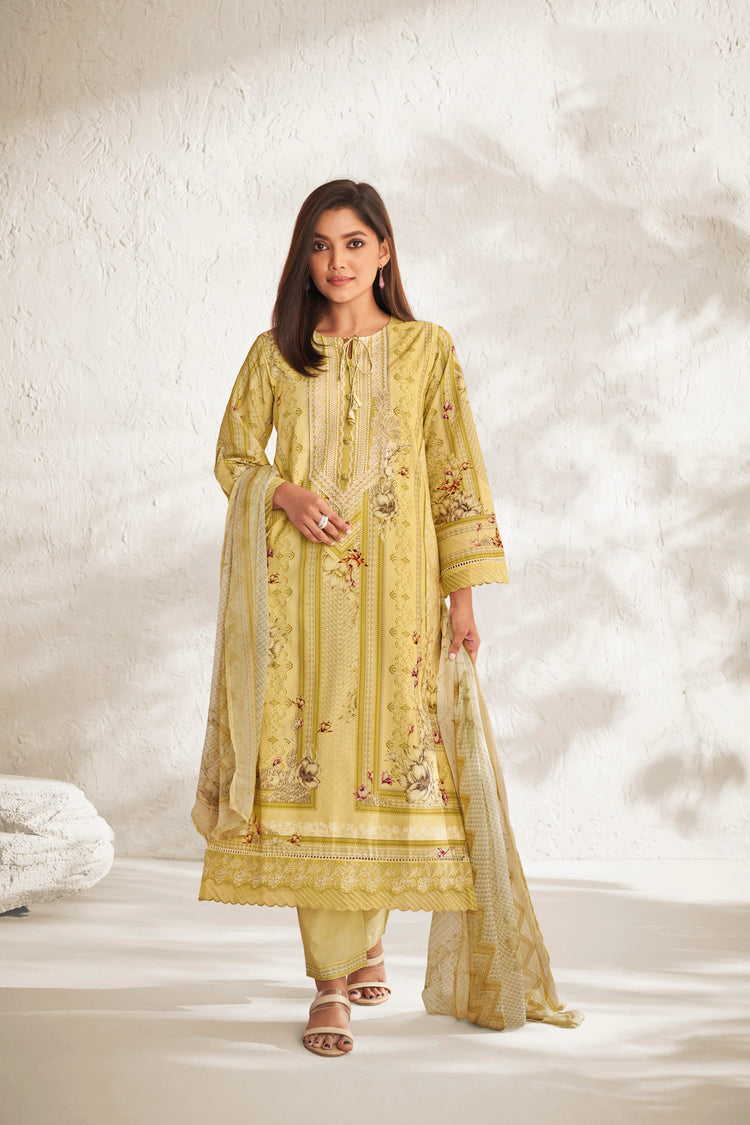 Lawn Cotton Embroidered Suit With Printed Muslin Silk Dupatta Available in Corn Yellow