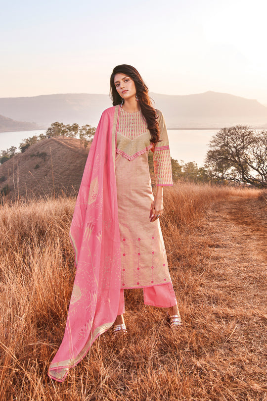 Linen Cotton Embroidered Suit With Printed Organza Dupatta Available in Beige