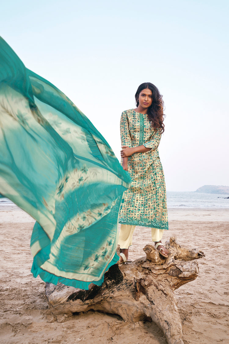 Lawn Cotton Embroidered Suit With Printed Bemberg Chiffon Dupatta Available in Cream & Blue