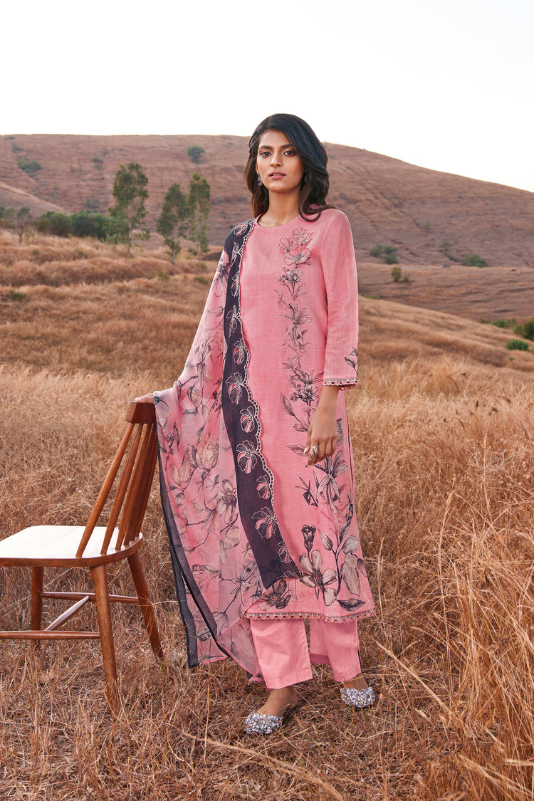 Linen Cotton Printed Suit With Embroidered Organza Dupatta Available in Rose Pink