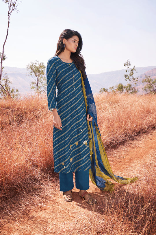 Lawn Cotton Printed Suit With Printed Bemberg Chiffon Dupatta Available in Aegean Blue