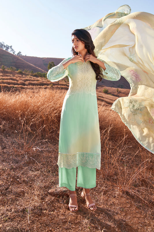 Organza Print With Embroidery Suit With Printed Bemberg Chiffon Dupatta Available in Mint Green