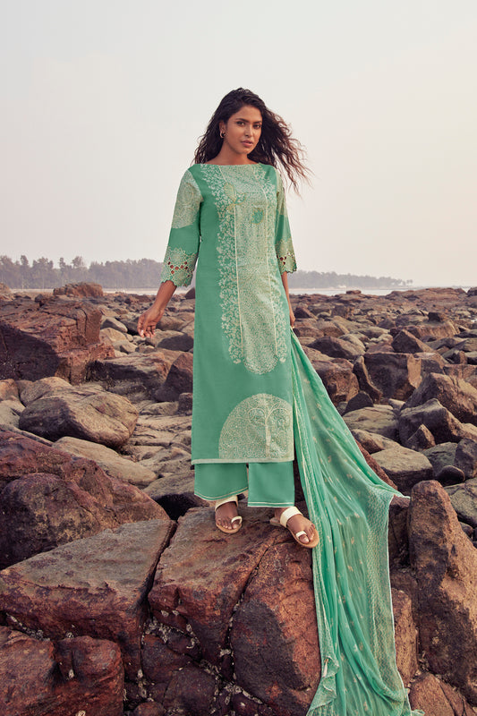 Lawn Cotton Printed Suit With Printed Bemberg Chiffon Dupatta Available in Jungle Green