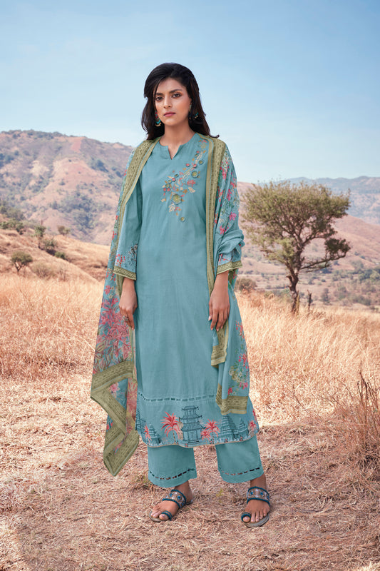 Lawn Cotton Embroidered Suit With Printed Muslin Dupatta Available in Sky Blue