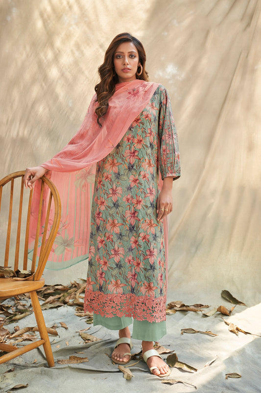 Lawn Cotton Embroidered Suit With Printed Bemberg Chiffon Dupatta Available in Teal Blue