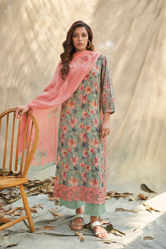 Lawn Cotton Embroidered Suit With Printed Bemberg Chiffon Dupatta Available in Teal Blue