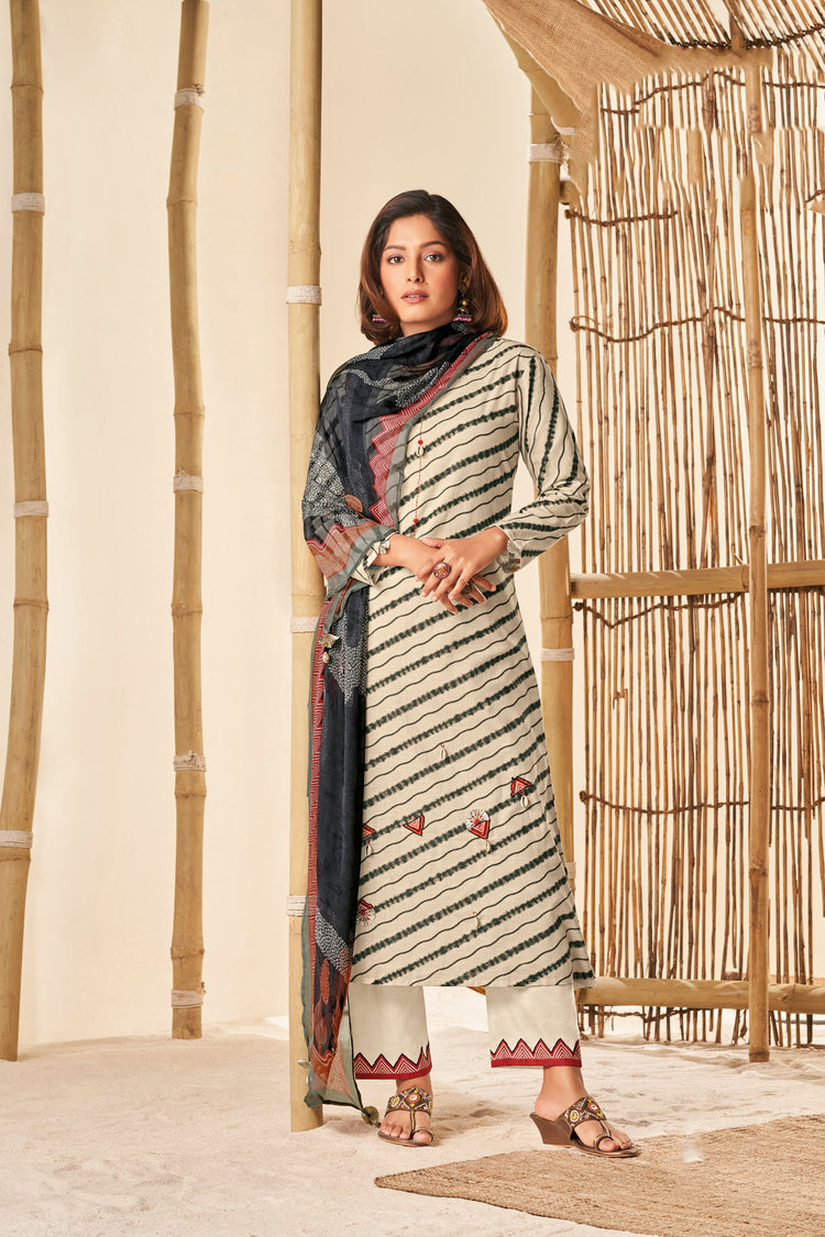 Linen Cotton Print With Handwork Suit With Printed Bemberg Chiffon Dupatta Available in Linen Cream