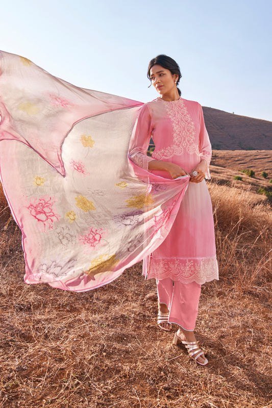 Organza Print With Embroidery Suit With Printed Bemberg Chiffon Dupatta Available in Rouge Pink