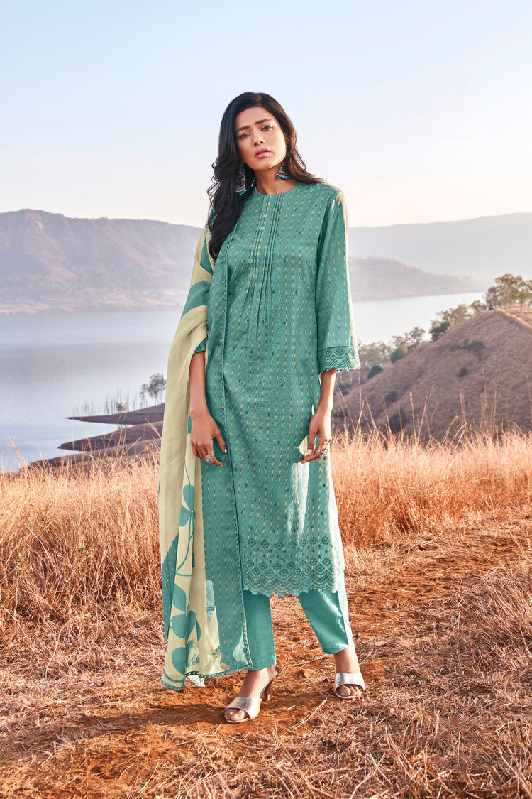 Linen Cotton Embroidered Suit With Printed Organza Dupatta Available in Teal Blue