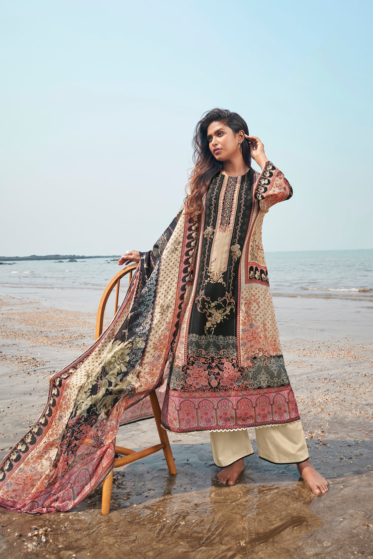 Pure Muslin Print With Handwork Suit With Printed Muslin Dupatta Available in Cream & Black