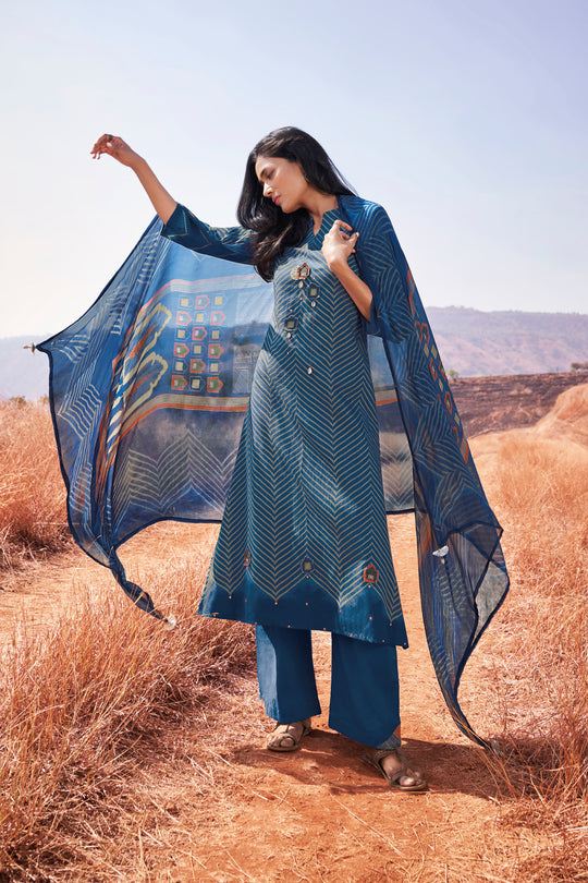 Lawn Cotton Printed Suit With Printed Bemberg Chiffon Dupatta Available in Aegean Blue