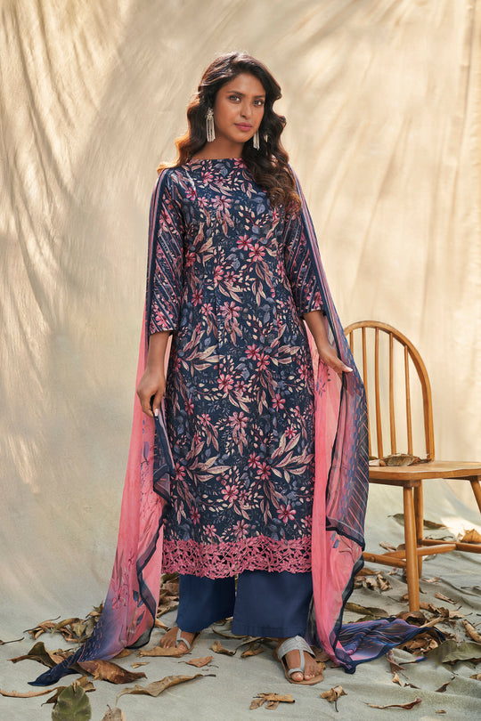 Lawn Cotton Embroidered Suit With Printed Bemberg Chiffon Dupatta Available in Navy Blue